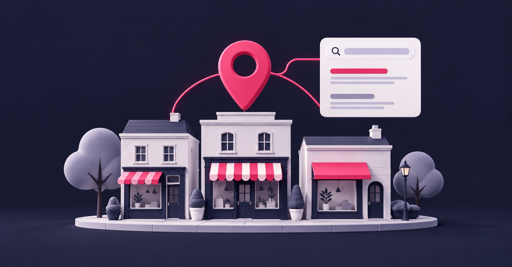 Local SEO checklist illustration with a shop, location pin and search results
