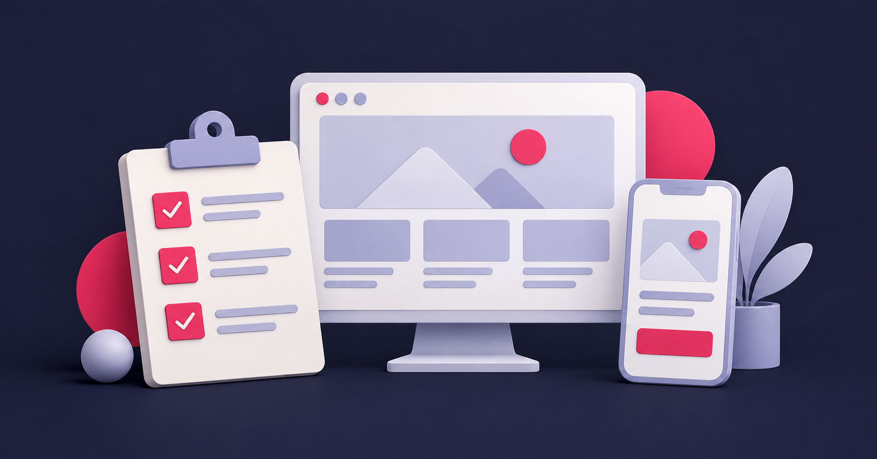 Website brief checklist beside desktop and mobile website layouts